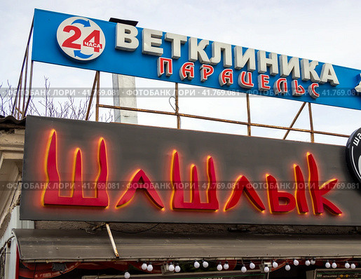Висящие рядом вывески ветеринарной клиники и шашлычной (2023 год). Редакционное фото, фотограф Вячеслав Палес / Фотобанк Лори