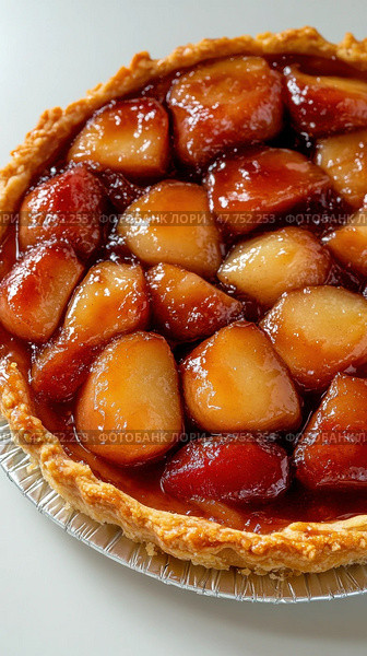 Вкусный тарт татен с карамелизированными яблоками, идеально подходящий для весенней выпечки. Стоковое AI-изображение, AI-художник ФотоИнтеллект / Фотобанк Лори