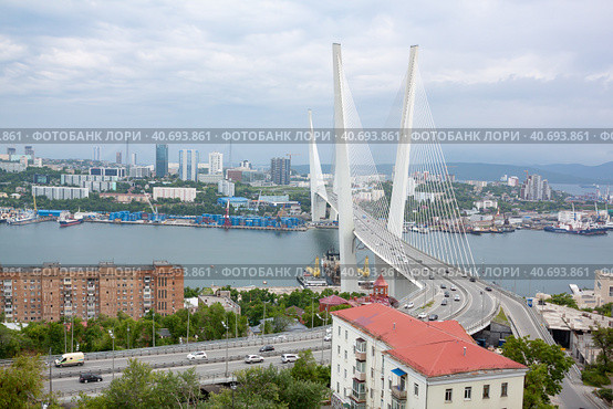 Владивосток. Вид на Золотой мост в пасмурную погоду. Редакционное фото, фотограф Галина / Фотобанк Лори