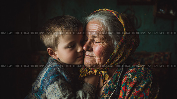 Внук обнимает бабушку. The grandson hugs his grandmother. Стоковое AI-изображение, AI-художник Смирнова Светлана / Фотобанк Лори