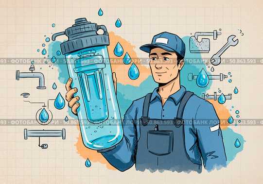 Водопроводчик и фильтр для воды. Plumber fixing a water filter with tools: Plumbing Services and Clean Water Concept. Стоковое AI-изображение, AI-художник Сайидова Наталия / Фотобанк Лори