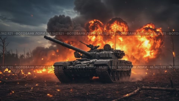 Военный современный танк едет по полю среди огня видео. Стоковое AI-видео, аниматор Денис Костров / Фотобанк Лори