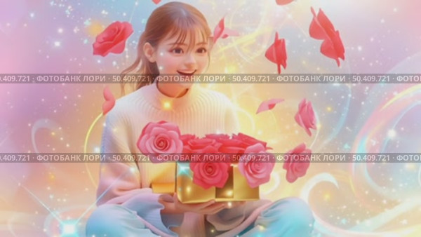Волшебный подарок. Чудесные розы в форме сердца в руках у счастливой девушки, смех, восхищение и радость. Стоковое AI-видео, аниматор Щеголева Ольга / Фотобанк Лори