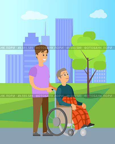 Volunteer helping granny in wheelchair unable to walk, in green park with trees. Vector cartoon person helps to old woman, charity volunteering organization. Volunteer Help Granny in Wheelchair Unable to Walk. Стоковая иллюстрация, агентство Ingram Publishing / Фотобанк Лори