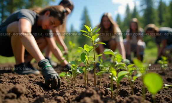 Volunteers Planting Young Trees, Reforestation Effort, Environmental Conservation, Group Activity, Nature Restoration, Green Initiative, Outdoor Community Service. Стоковое AI-изображение, AI-художник Павел Муравьев / Фотобанк Лори