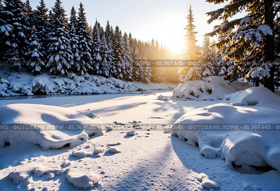 Восход солнца. Зимний пейзаж с незамерзающим ручьем. Sunrise. Winter landscape with unfrozen stream. Стоковое AI-изображение, AI-художник Гер Олег / Фотобанк Лори
