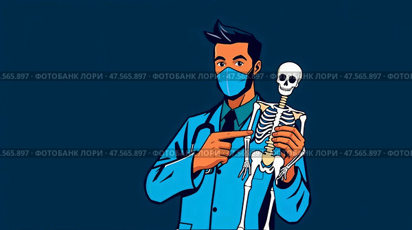 Врач в синем халате держит макет скелета. A doctor in a blue lab coat points to a mock-up of a skeleton. Стоковое AI-изображение, AI-художник Смирнова Светлана / Фотобанк Лори