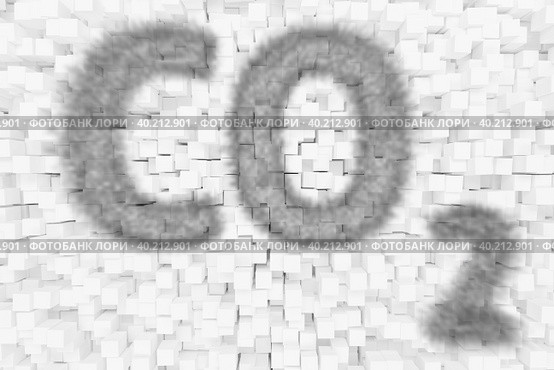 Выбросы CO2. Полупрозрачное темное облако в виде химической формулы углекислого газа на светлом фоне, образованном белыми кубиками. Стоковая иллюстрация, иллюстратор Олег Безруков / Фотобанк Лори