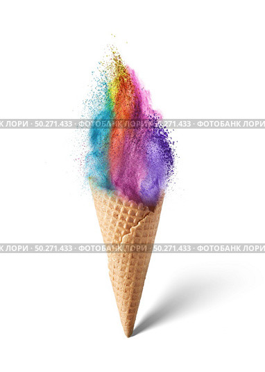Waffle cone with ice cream in the shape of colorful rainbow dust explosion vertically standing on a light gray background with soft shadow, copy space.. Ice cream from multicolored dust explosion in a waffle cone. Стоковое фото, агентство Ingram Publishing / Фотобанк Лори