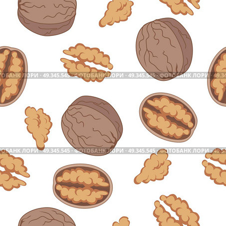 Walnut seamless pattern vector in flat design. Traditional snack. Healthy food. Nut ornament for wallpapers, polygraphy, textiles, web page design, surface textures. Isolated on white background.. Walnut Seamless Pattern Vector in Flat Design. Стоковая иллюстрация, агентство Ingram Publishing / Фотобанк Лори
