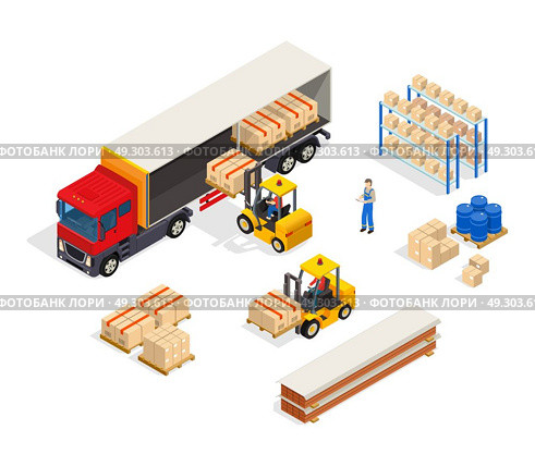 Warehouse Vehicular Loading Composition. Warehouse truck isometric composition with manipulator carts loading boxes into lorry with freight handler human characters vector illustration. Стоковая иллюстрация, агентство Ingram Publishing / Фотобанк Лори