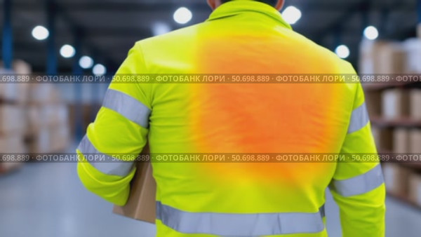 Warehouse worker in a high visibility jacket experiencing back pain. Стоковое AI-видео, аниматор Екатерина Усенко / Фотобанк Лори