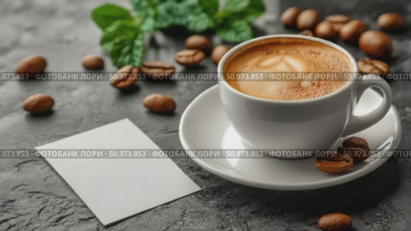 Warm cup of creamy latte with delicate foam art, surrounded by scattered roasted coffee beans and a blank note card on a dark stone surface. Стоковое AI-видео, аниматор Данила Большаков / Фотобанк Лори