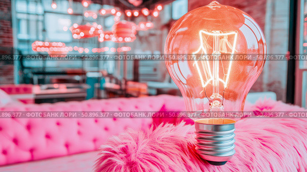 Warm glowing Edison light bulb illuminating a vibrant pink fluffy surface, capturing a creative and cozy ambiance, ideal for innovation concepts or inviting home decor. Стоковое AI-изображение, AI-художник Данила Большаков / Фотобанк Лори