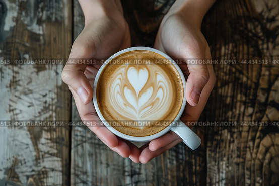 Warm hands holding a latte with artful foam. Стоковое AI-изображение, AI-художник Иван Рябоконь / Фотобанк Лори