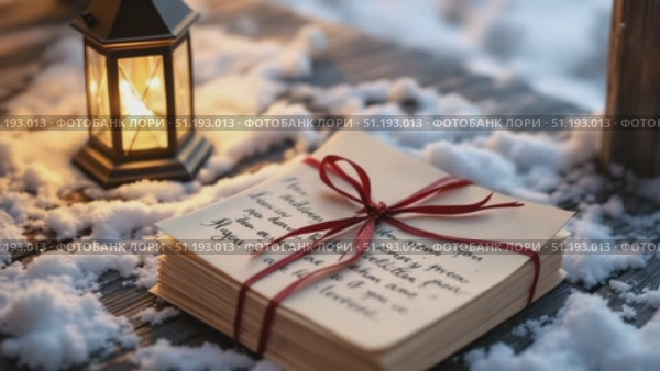 Warmly lit letters bundled with a red ribbon resting on snowy wooden surface with lantern glow. Стоковое AI-видео, аниматор Данил Руденко / Фотобанк Лори