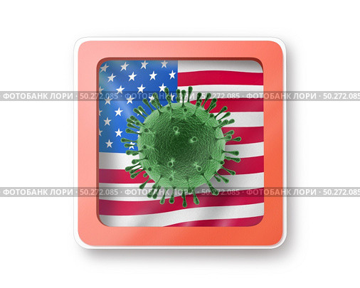 Warning sign with model of Coronavirus bacteria on the American flag on a white background, copy space. Rapid spread of Coronavirus, Covid 19 in the world. 3D illustration. Warning sign with molecula of Coronavirus on the American flag. Стоковое фото, агентство Ingram Publishing / Фотобанк Лори