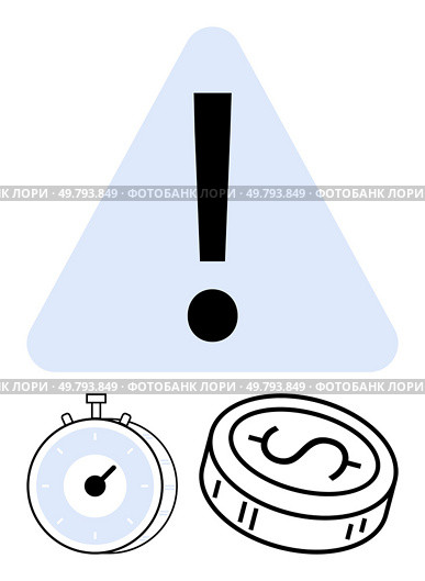 Warning triangle with exclamation mark, indicating caution. Stopwatch symbolizes urgency and the coin represents financial matters. Ideal for finance, time management, warnings, costs, deadlines. Warning Triangle with Exclamation Mark, Stopwatch, and Coin Indicating Time and Financial Alert. Стоковая иллюстрация, агентство Ingram Publishing / Фотобанк Лори