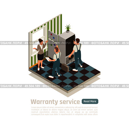 Warranty service isometric composition with technical staff called to house to diagnose of non working household appliance vector illustration. Стоковая иллюстрация, агентство Ingram Publishing / Фотобанк Лори