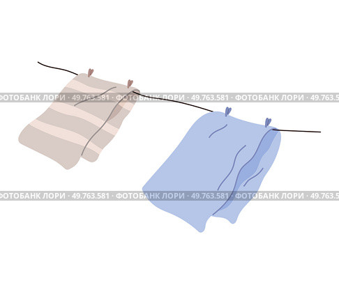 Washed clothes, towels dry outside on stretched rope. Clothing and garment care, housekeeping concept. Professional cleaning of apparel. Drying laundry on clothesline isolated on white background. Washed clothes, towels with pins dry outside on stretched rope. Drying laundry on clothesline. Стоковая иллюстрация, агентство Ingram Publishing / Фотобанк Лори