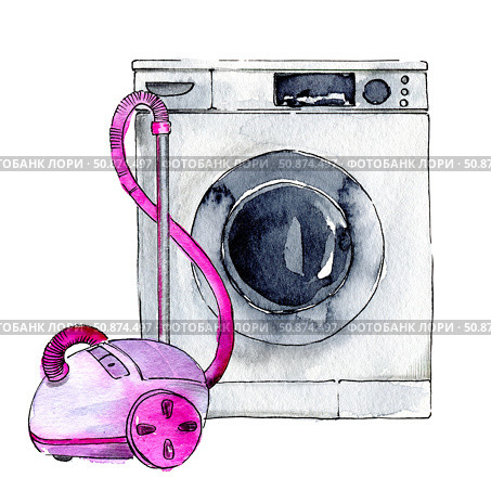 washing machine and vacuum cleaner with detergent, drawn in watercolor on a white background. Стоковая иллюстрация, иллюстратор Екатерина Тимонова / Фотобанк Лори