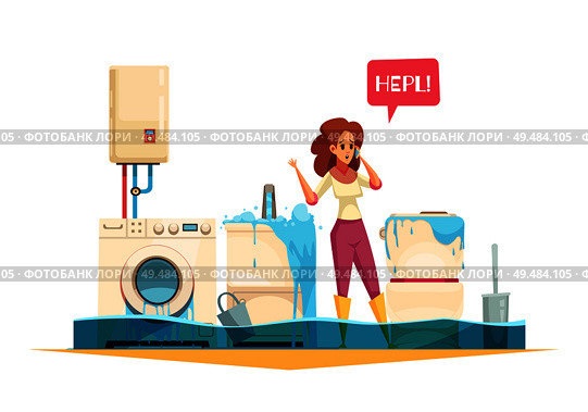 Washing machine flooding sink overflow pipe leaks emergency cartoon composition with woman calling plumber service vector illustration. Стоковая иллюстрация, агентство Ingram Publishing / Фотобанк Лори