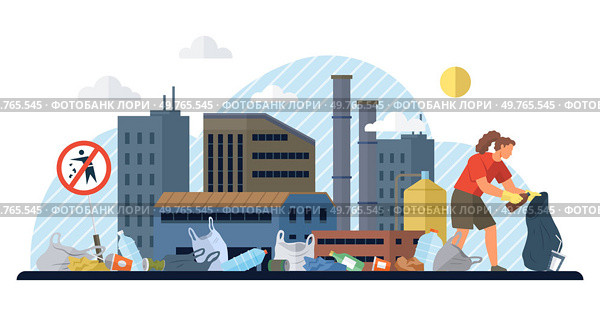Waste pollution vector illustration. The waste pollution metaphor highlights destructive impact irresponsible waste disposal practices Ecology plays vital role in maintaining balanced and healthy. Waste pollution. Ecology and environmental conservation are crucial for addressing waste pollution. Стоковая иллюстрация, агентство Ingram Publishing / Фотобанк Лори