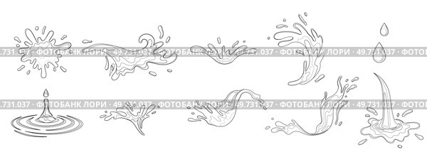 Water and juice splash liquide. Black doodle line. A spill shape, compelling composition arising from moment of disruption A water splash, dynamic display of aquatic motion Fresh juice splashed. Water and juice splash liquide. A wave shape, beautiful echo of oceans song A drop shape, humble manifestation of liquid. Стоковая иллюстрация, агентство Ingram Publishing / Фотобанк Лори