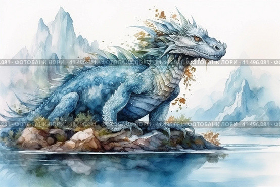 Water dragon splashes in the water against the backdrop of the sea and mountains, illustration, watercolor style, Generative AI. Стоковое AI-изображение, AI-художник Анна Кривицкая / Фотобанк Лори
