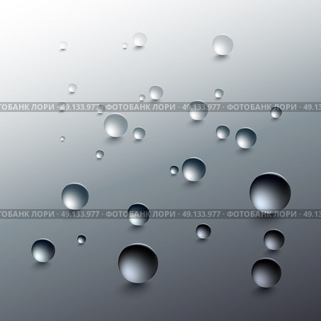 Water drops on a gray background. Round raindrops with shadows, inclined surface. Vector illustration.. Water drops on a gray background. Round raindrops with shadows on an inclined gray surface. Vector illustration. Стоковая иллюстрация, агентство Ingram Publishing / Фотобанк Лори