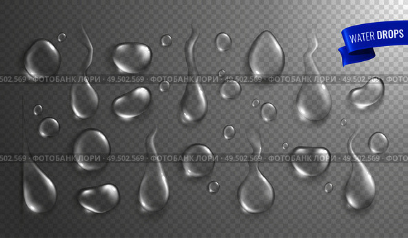 Water drops on misted glass monochrome realistic set with big droplets of various shape with shadows vector illustration. Стоковая иллюстрация, агентство Ingram Publishing / Фотобанк Лори