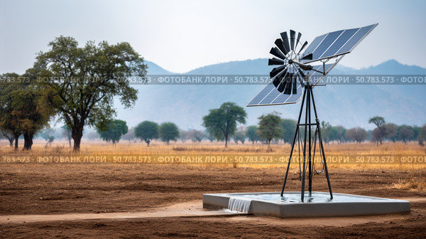 Water pumps and solar panels. Groundwater is pumped with a submersible pump from clean energy or solar energy converted to electric energy on an agricultural farm. Стоковое AI-изображение, AI-художник ALLA YURTAYEVA / Фотобанк Лори