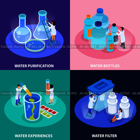 Water purification isometric icon set with water bottles experiences and filter descriptions vector illustration. Стоковая иллюстрация, агентство Ingram Publishing / Фотобанк Лори