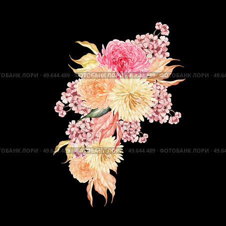 Watercolor autumn bouquet with chrysanthemum flowers, leaves. Illustration. Watercolor autumn bouquet with chrysanthemum flowers, leaves. . Стоковое фото, агентство Ingram Publishing / Фотобанк Лори