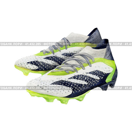 Watercolor drawing of pair of football studded boots with lace yellow white and black. Scillfully painted illustration isolated on white background. For wallpapers, logo banners icon cards box. Стоковая иллюстрация, иллюстратор Alena Belenova / Фотобанк Лори