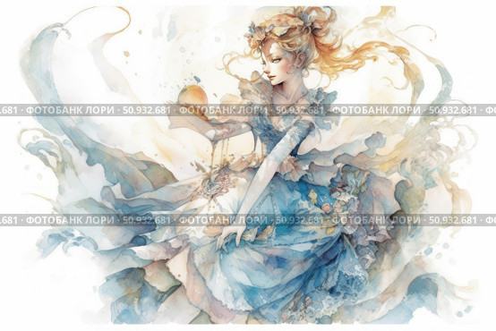 Watercolor fantasy illustration depicting a graceful princess in an airy blue dress, holding a magical fruit or artifact in her hand. Her pose is full of grace, and the light fabrics of the dress and the surrounding flow of energy create a sense of movement and magic. The picture is permeated with light, a dreamy atmosphere and fabulous beauty, perfect for decorating books, postcards, decor and art projects in the fantasy or romantic style. Стоковое AI-изображение, AI-художник Анна Кривицкая / Фотобанк Лори