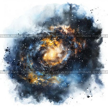 Watercolor galaxy with swirling clouds of gas and stardust creating stunning nebula. Стоковое AI-изображение, AI-художник Иван Рябоконь / Фотобанк Лори