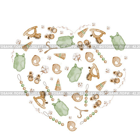 Watercolor heart banner with children's toys, clothes and accessories in retro style. Hand drawing isolated on white background. Vintage illustration for baby shower and birthday cards and invitations. Стоковая иллюстрация, иллюстратор Татьяна Трущелева / Фотобанк Лори