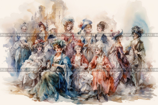 Watercolor illustration depicting a group of elegant ladies in 18th century clothing. The women are dressed in luxurious dresses with lace, hats and feathers, reflecting the fashion of aristocratic society. The painting conveys an atmosphere of sophistication, refinement and historical chic. Suitable for book design, postcards, historical publications, clothing design and interiors in vintage style. Стоковое AI-изображение, AI-художник Анна Кривицкая / Фотобанк Лори
