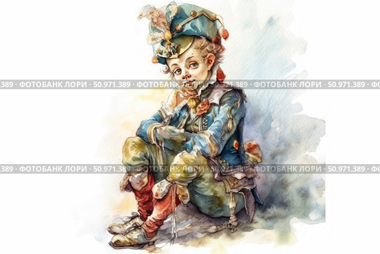 Watercolor illustration of a boy in the image of a joker or harlequin, sitting on the ground. His costume is bright and fanciful, with decorative elements, bells and rosettes, and on his head is a fantasy cap. The facial expression is naive, a little dreamy, with a hint of mischief. The work is done in a fairy-tale style with soft watercolor transitions and warm shades. Suitable for decorating children's books, postcards, theater posters and holiday materials. Стоковое AI-изображение, AI-художник Анна Кривицкая / Фотобанк Лори