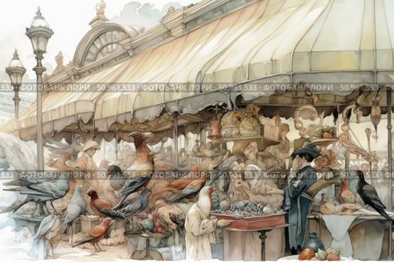 Watercolor illustration of a bustling old market with many stalls, fruits, pastries and fantastic birds. People in vintage clothes are chatting and shopping under an awning decorated in the Belle Époque style. The scene is full of details, light, warmth and a touch of irony - exotic birds act as visitors and sellers. The illustration is perfect for themes of urban life, fantasy, Victorian aesthetics and book graphics. Стоковое AI-изображение, AI-художник Анна Кривицкая / Фотобанк Лори