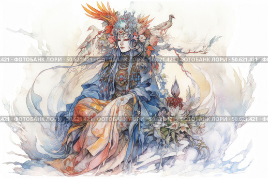 Watercolor illustration of a fantastic woman in a complex oriental or fairytale costume, decorated with many details - flowers, jewelry, feathers and birds. She sits with her eyes closed, radiating calm and magical dignity. The composition is made in soft pastel colors with a predominance of blue, peach and cream shades. The illustration is filled with lightness, dreaminess and artistic subtlety, ideal for the themes of art, fantasy, mysticism, dreams and oriental aesthetics. Стоковое AI-изображение, AI-художник Анна Кривицкая / Фотобанк Лори