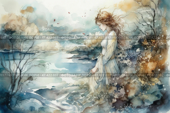 Watercolor illustration of a girl in a long light dress standing on the shore of a lake or sea. Her hair is fluttering in the wind, her head is slightly bowed, her gaze is directed downwards - she seems to be deep in thought. The atmosphere is very gentle, melancholic, filled with soft shades of blue, beige and gold. The nature around - tree branches, light clouds and water - creates a feeling of early autumn or a dying evening. The work is done in a romantic, poetic style with an emphasis on the feelings and beauty of nature. Стоковое AI-изображение, AI-художник Анна Кривицкая / Фотобанк Лори