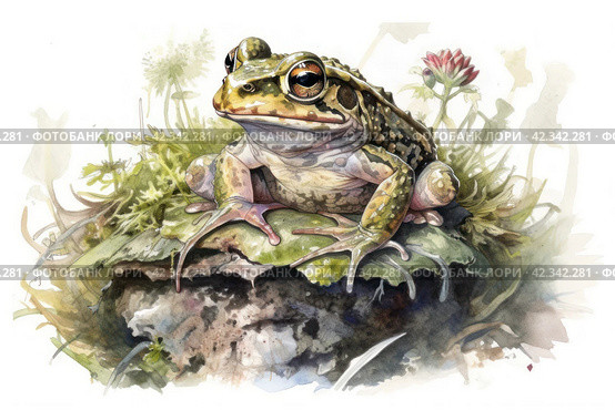 Watercolor illustration of a green frog sitting on a flower bed..,Generative AI. Стоковое AI-изображение, AI-художник Анна Кривицкая / Фотобанк Лори