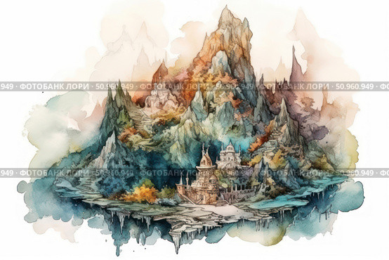 Watercolor illustration of a magical island with mountain peaks, fairytale castles and stairs leading upwards. The work is done in airy, pastel colors, creating a feeling of lightness and dreaminess. The landscape seems to float in the sky, reminiscent of fantasy worlds from books and games. Ideal for decorating fairy tales, fantasy projects, board games, books or children's products. Стоковое AI-изображение, AI-художник Анна Кривицкая / Фотобанк Лори