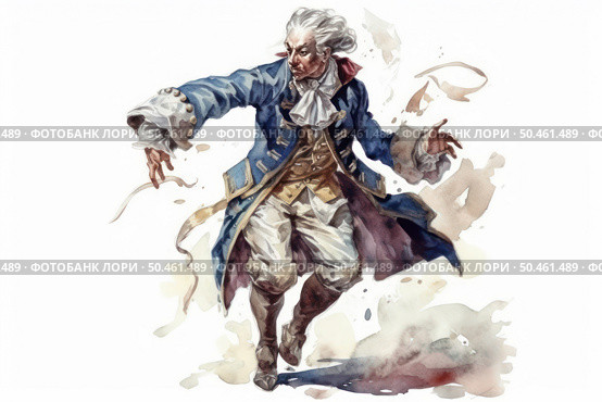 Watercolor illustration of an elegant 18th century man in a luxurious suit made in shades of blue, beige and white. His pose is dynamic, he is depicted in motion, as if dancing or turning sharply. The man is wearing typical clothing of the Age of Enlightenment - a tailcoat with gold buttons, a jabot, a waistcoat and boots. The wind blows the details of his suit and hair, which adds expressiveness to the scene. The white background emphasizes the sophistication and theatricality of the image. Стоковое AI-изображение, AI-художник Анна Кривицкая / Фотобанк Лори