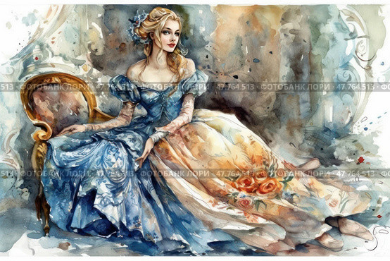 Watercolor illustration of an elegant lady in a vintage dress, sitting on an antique chair. The woman is dressed in a lush evening dress with a floral pattern and shades of blue and beige, decorated with roses. Her elegant pose, loose curls and expressive look create an atmosphere of romance and aristocracy. The background is made in soft washed out tones, emphasizing the artistic style and dreamy mood. Ideal for design themes related to the history of fashion, the Baroque era, classical art and retro aesthetics. Стоковое AI-изображение, AI-художник Анна Кривицкая / Фотобанк Лори