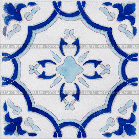 Watercolor illustration of portuguese ceramic tiles pattern. Single square tile. Стоковое фото, агентство Ingram Publishing / Фотобанк Лори