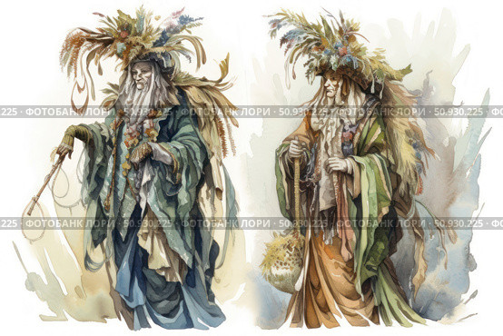 Watercolor illustration of two colorful fairy-tale elders in elegant, multi-layered robes decorated with herbs, feathers, flowers and natural elements. Their majestic images with long beards and staffs resemble forest guardians, druids or sages. Each character is surrounded by an atmosphere of ancient magic, nature and legend. Ideal for decorating fairy tales, fantasy books, card games, role-playing systems and art projects. Стоковое AI-изображение, AI-художник Анна Кривицкая / Фотобанк Лори