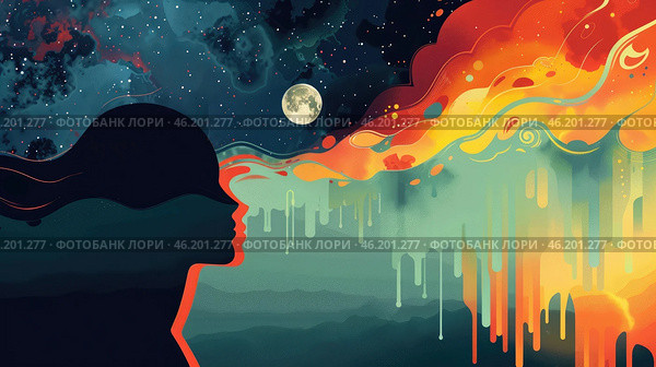 watercolor illustration, World Bipolar Day, silhouette of a girl, bright colorful background, vintage postcard, copy space, free space for text. Стоковое AI-изображение, AI-художник Светлана Леуто / Фотобанк Лори